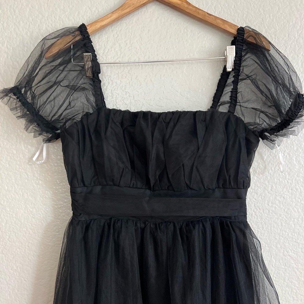 NWOT Flawless Aura Black Tulle Puff Sleeve Ruffled Midi Dress - Picture 4 of 8